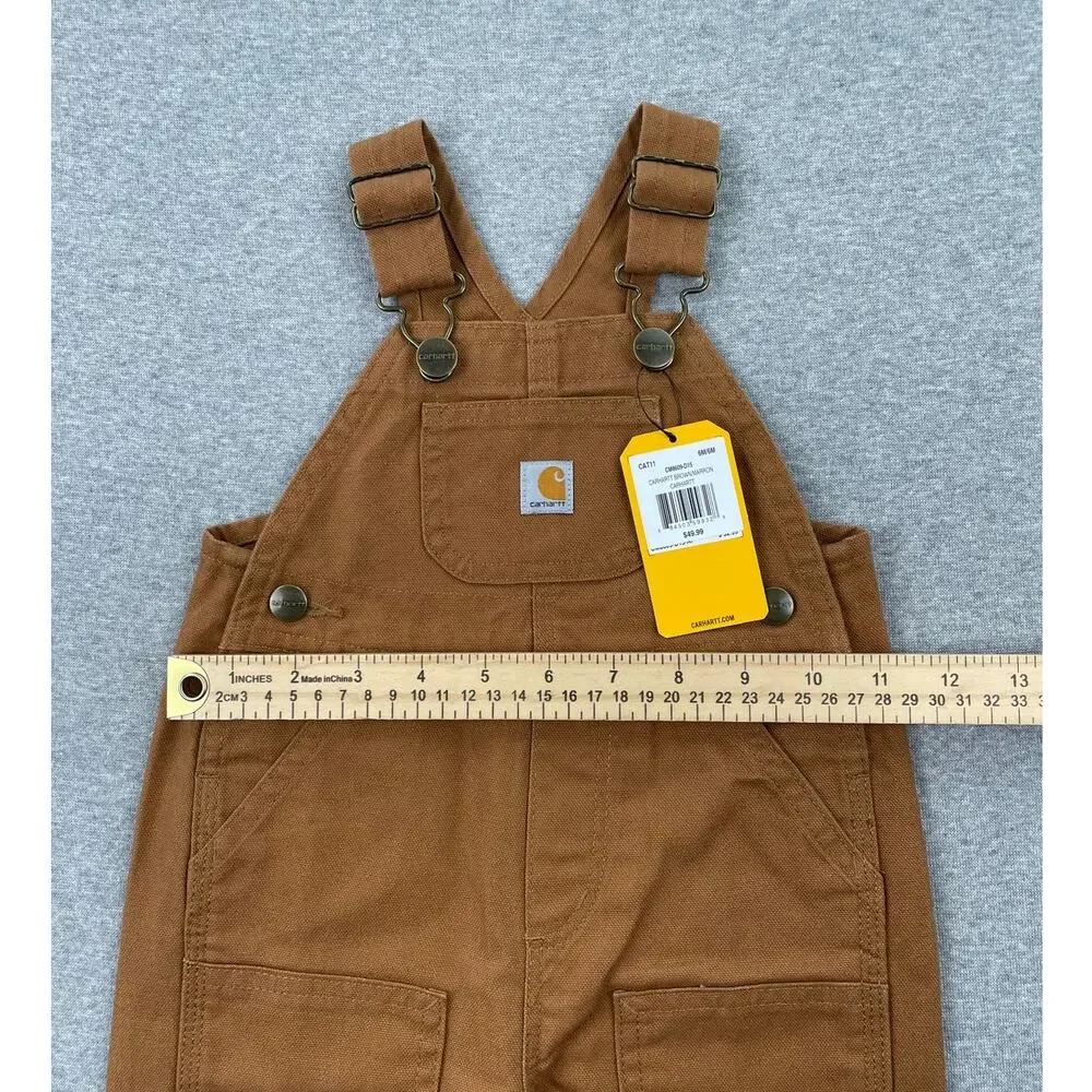 Carhartt Baby Canvas Bib Overalls 6M Brown 100% Cotton Leg Snaps Pocket Patch